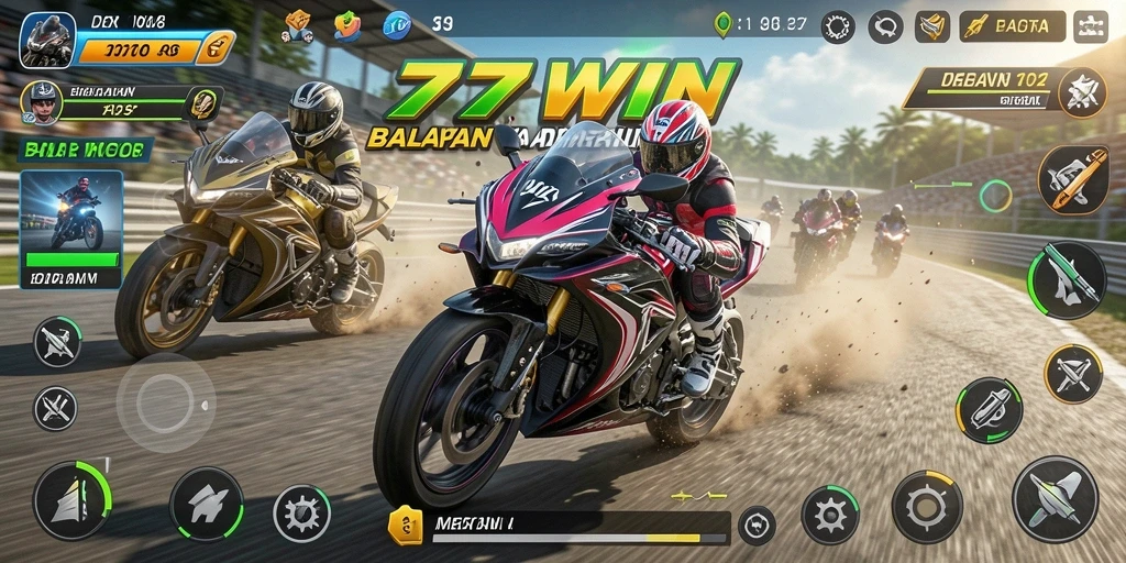 Tangkapan layar gameplay <strong>77WIN</strong> menampilkan balapan motor yang seru dan mendebarkan.