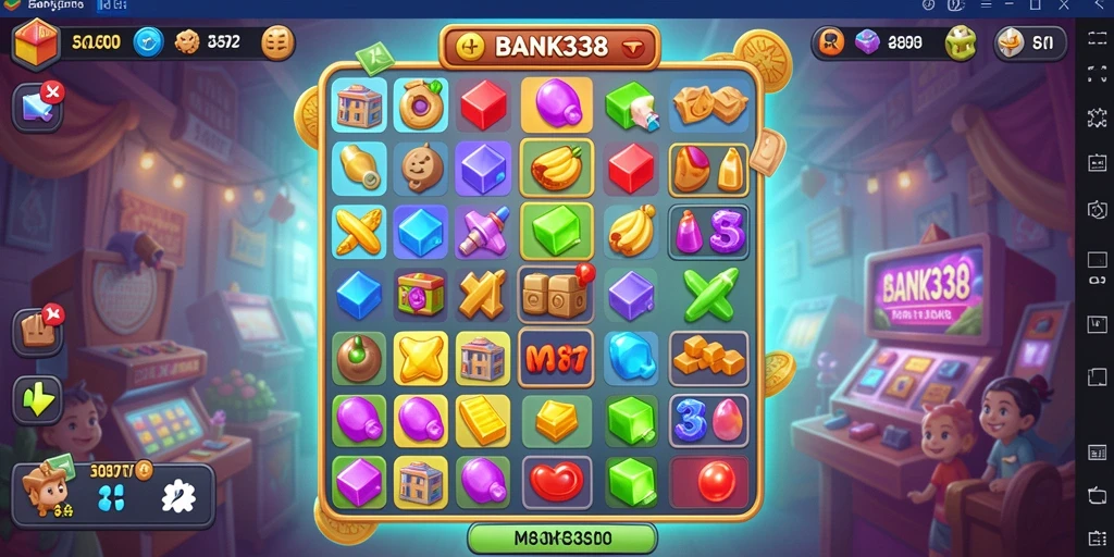 Tampilan gameplay BANK338 dengan elemen Match-3 yang berwarna-warni.