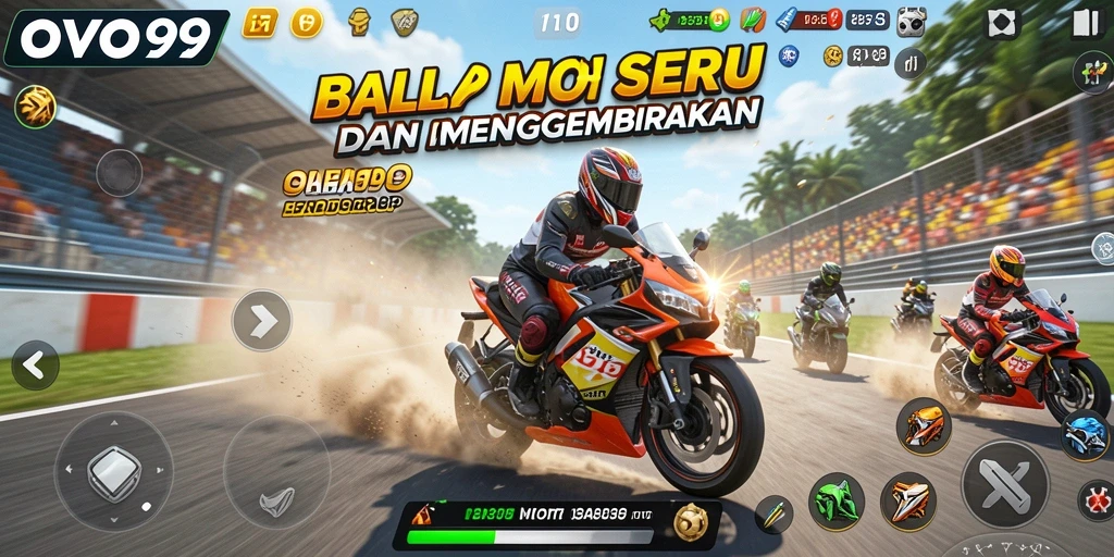 Tampilan gameplay seru OVO99 saat balapan motor.