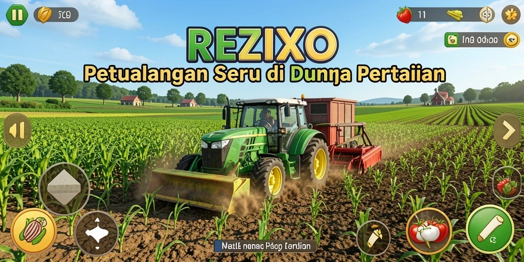 Screenshot gameplay <strong>REZIXO</strong> menunjukkan kebun yang subur dan beragam tanaman.