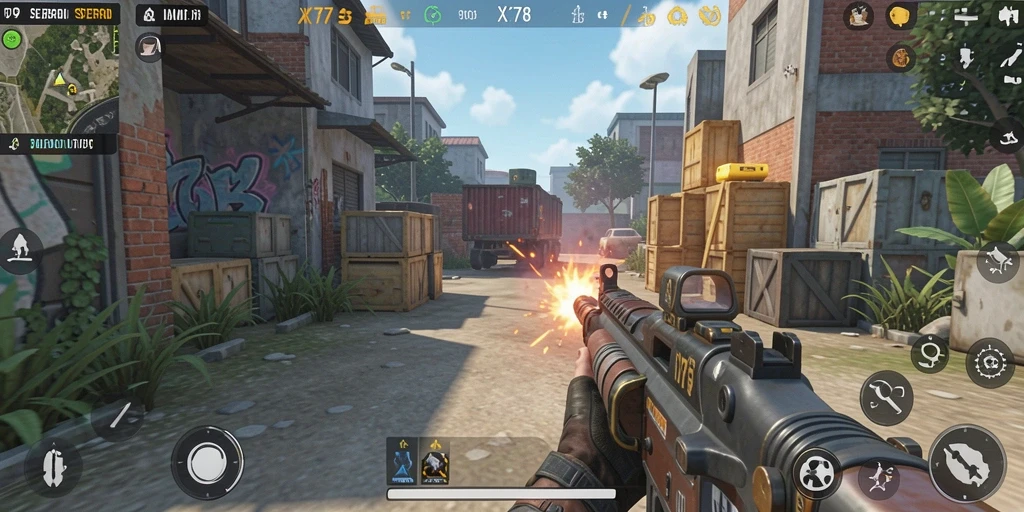 Screenshot gameplay X78 menampilkan aksi tembak-menembak yang mendebarkan.